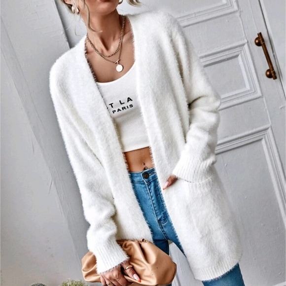 Sweaters - NEW White Patch Pocket Fuzzy Cardigan
